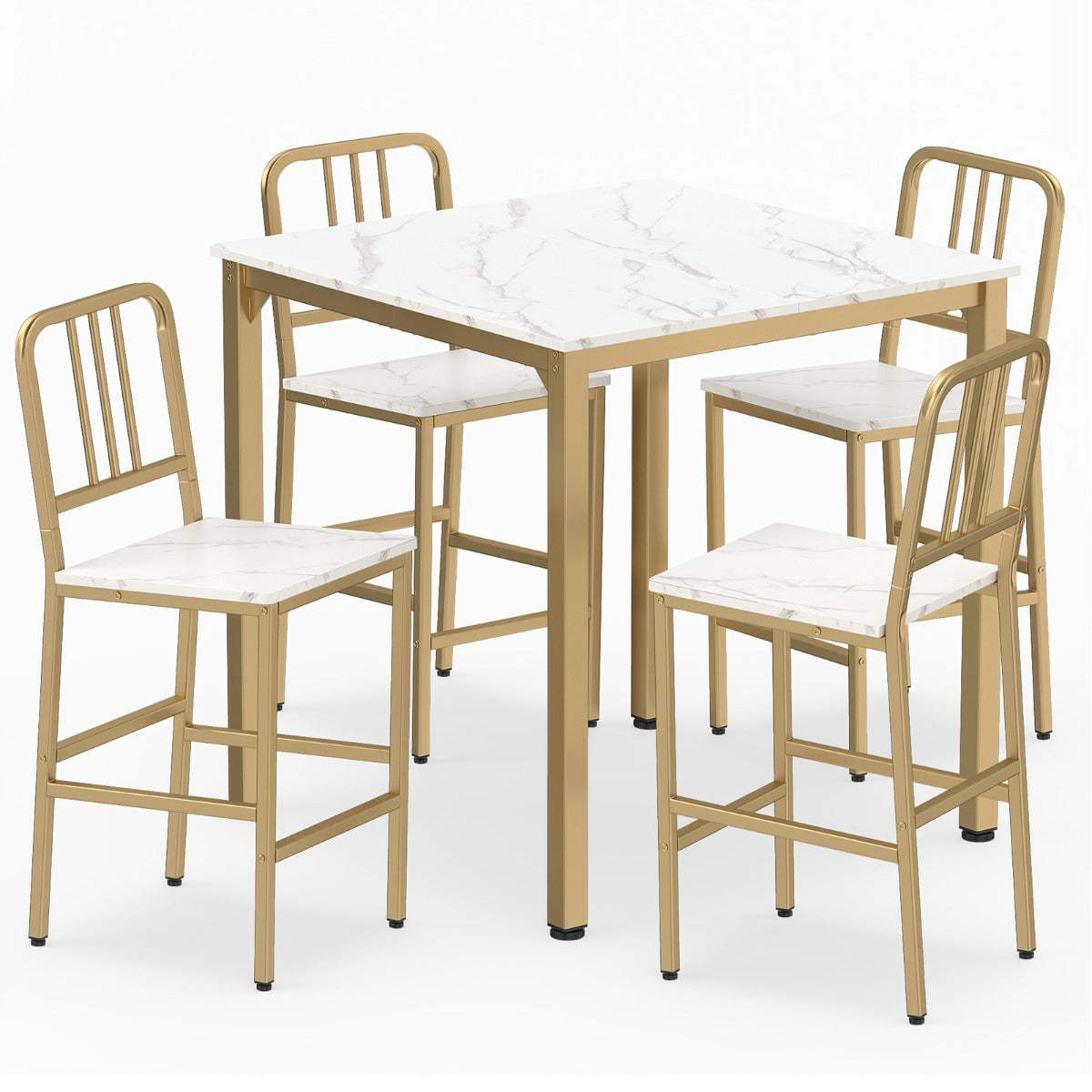 LIVSK Eethoek met 4 Barkrukken - Ruimtebesparend - Ergonomische Zittingen - Stevig Metaal - Goud en Wit