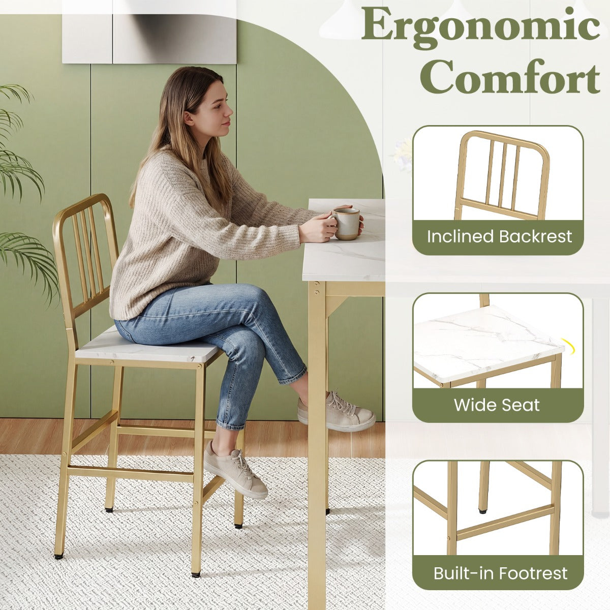 LIVSK Eethoek met 4 Barkrukken - Ruimtebesparend - Ergonomische Zittingen - Stevig Metaal - Goud en Wit