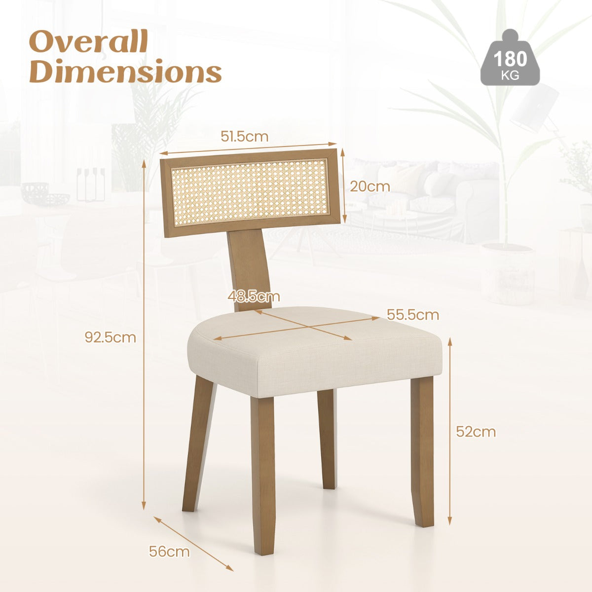 LIVSK Eetkamerstoel - Massief Houten Frame - Handgeweven Rotan Rugleuning - Ergonomische Zitting - Beige