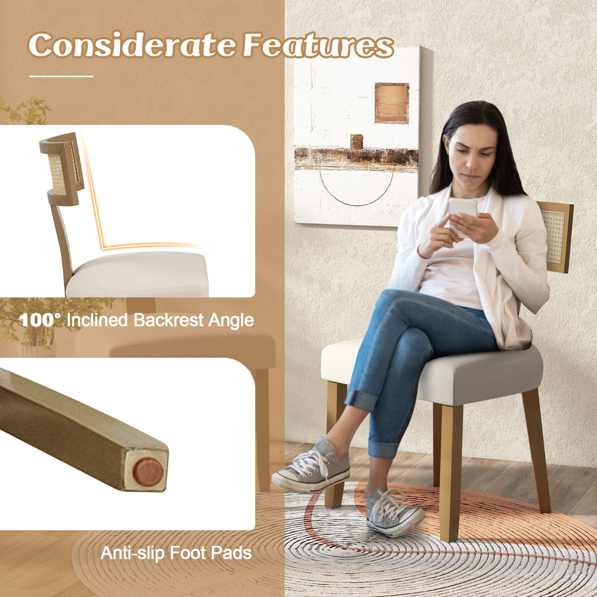 LIVSK Eetkamerstoel - Massief Houten Frame - Handgeweven Rotan Rugleuning - Ergonomische Zitting - Beige
