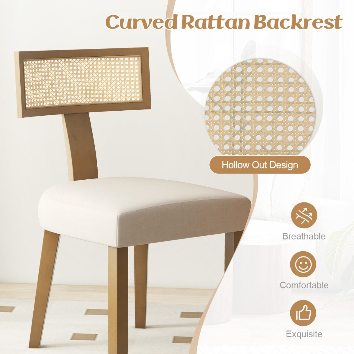 LIVSK Eetkamerstoel - Massief Houten Frame - Handgeweven Rotan Rugleuning - Ergonomische Zitting - Beige