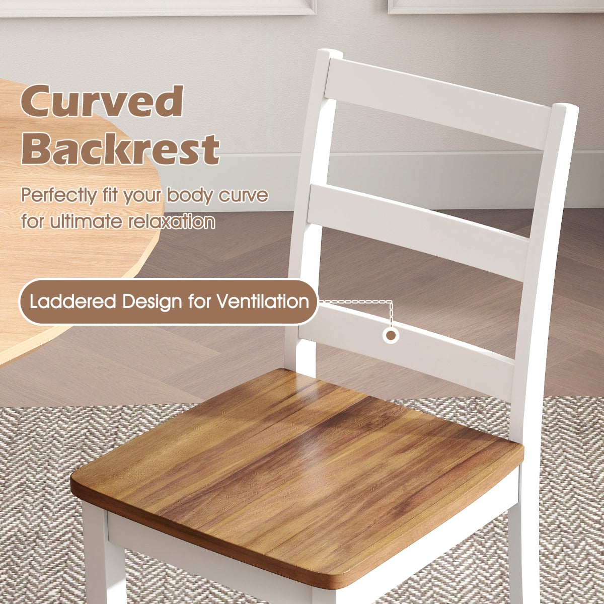 LIVSK Eetkamerstoelen Set - Houten Constructie - Ergonomische Rugleuning - Draagvermogen 180 kg - Wit + Naturel