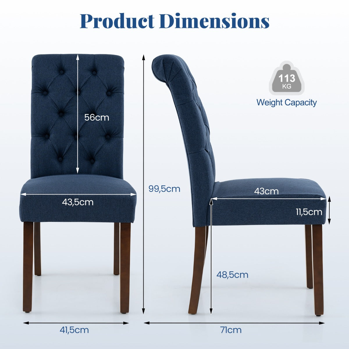 LIVSK Eetkamerstoelen Set van 2 - Ergonomisch Ontwerp - Hoogwaardige Vulling - Robuust Grenenhouten Frame - Blauw/Grijs