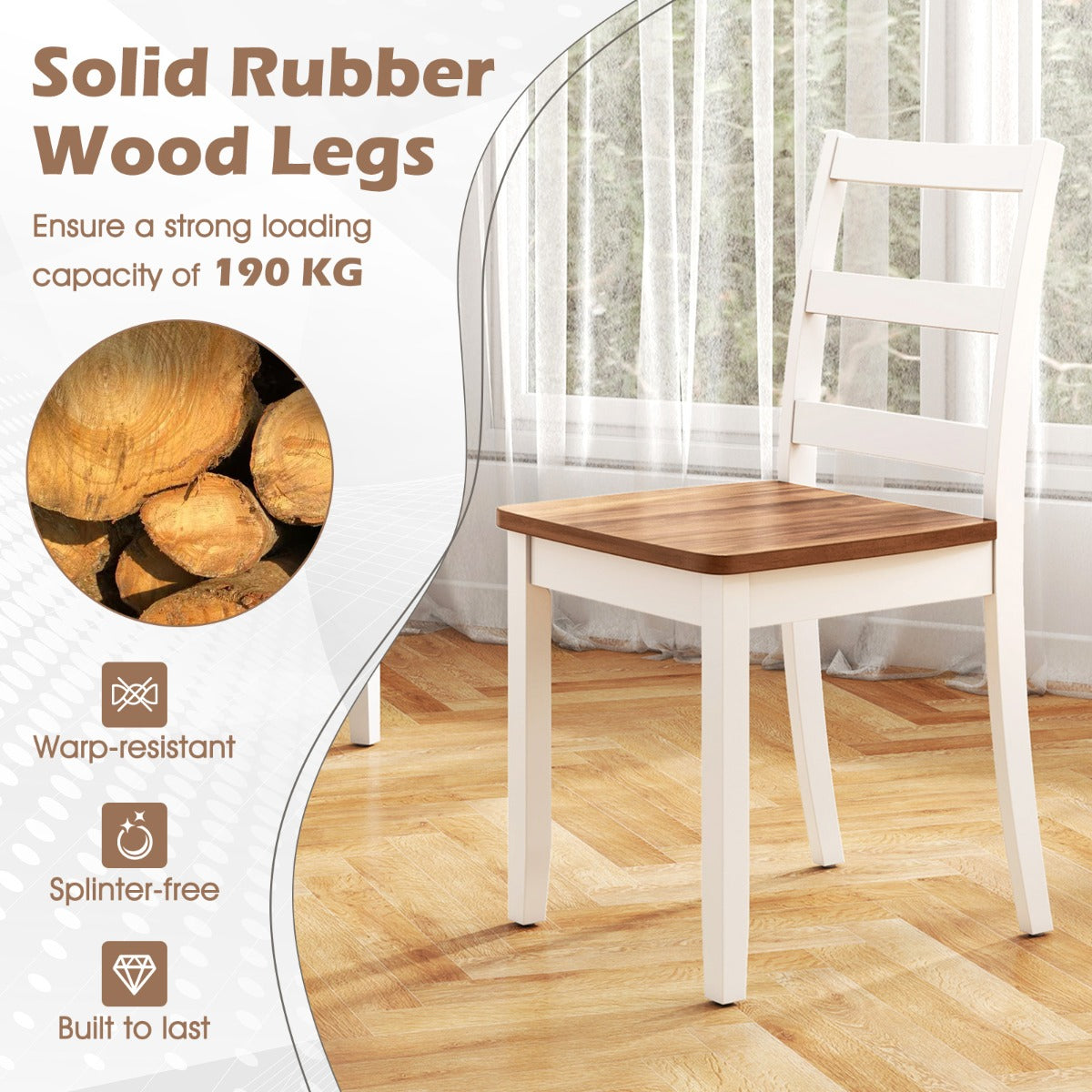 LIVSK Eetkamerstoelen Set van 2 - Rubberhout - Ergonomische Rugleuning - Rustieke Uitstraling - Wit + Naturel
