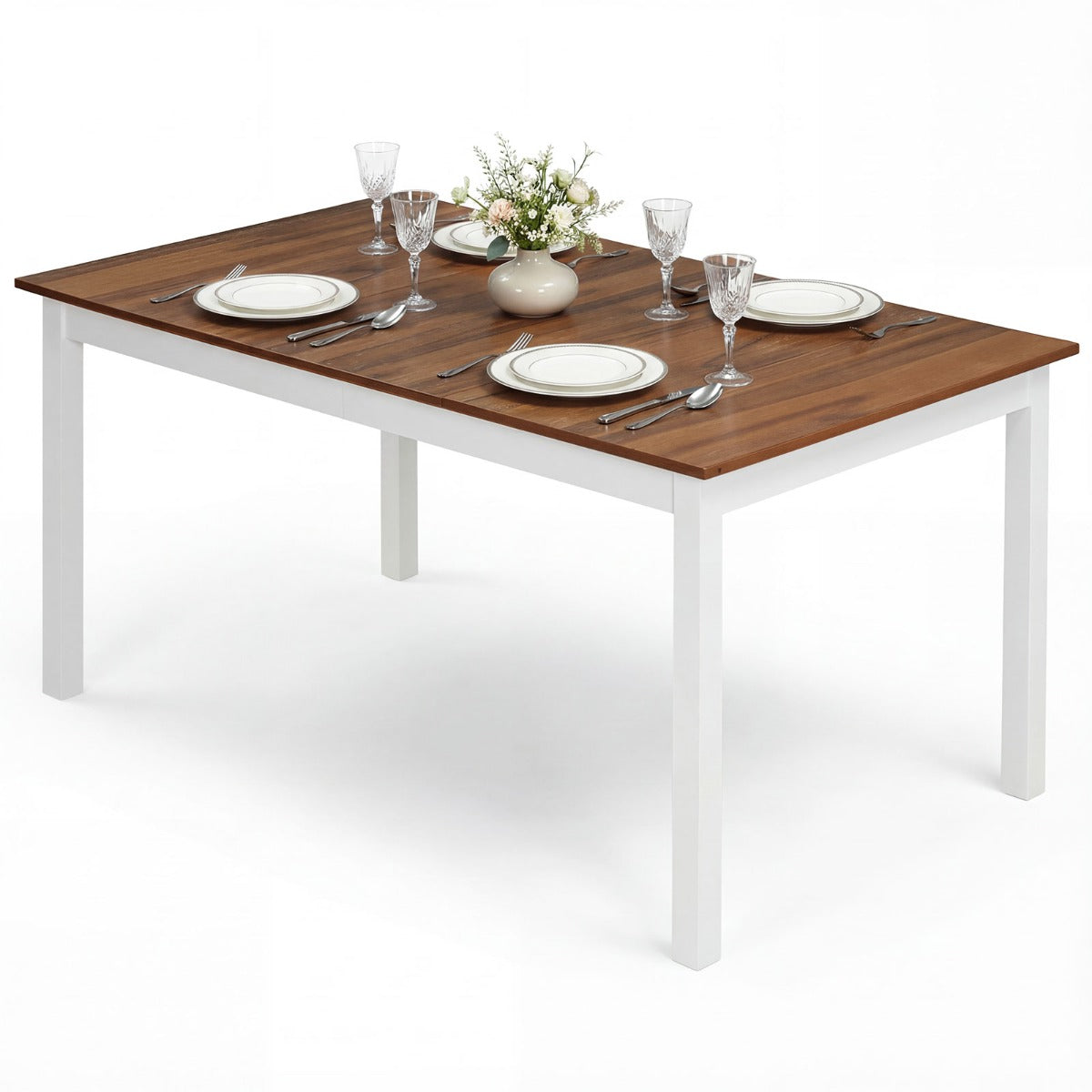 LIVSK Eettafel voor 6 Personen - Massieve Rubberhouten Poten - Ruim Tafelblad 152,5 x 91,5 cm - Robuuste Constructie - Bruin + Wit
