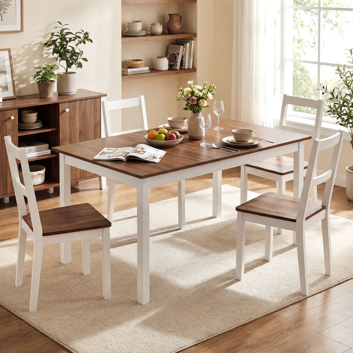 LIVSK Eettafel voor 6 Personen - Massieve Rubberhouten Poten - Ruim Tafelblad 152,5 x 91,5 cm - Robuuste Constructie - Bruin + Wit