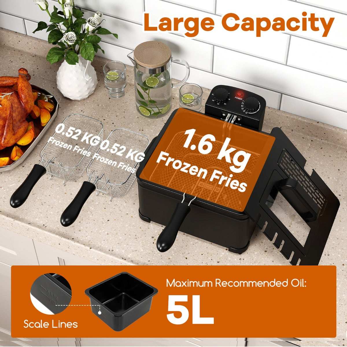 LIVSK Elektrische Friteuse - 5 Liter Capaciteit - 1700 W Verwarming - Veiligheidsontwerp - Vaatwasmachinebestendig - Zwart