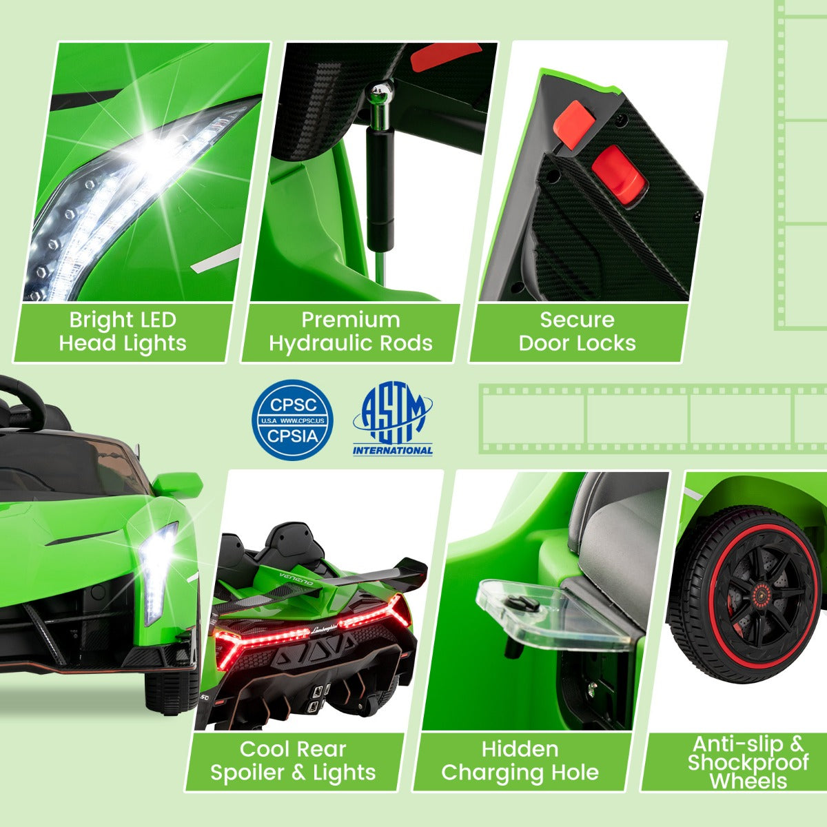 LIVSK Elektrische Kinderauto - Officiële Lamborghini Licentie - Afstandsbediening - Hydraulische Deuren - Groen