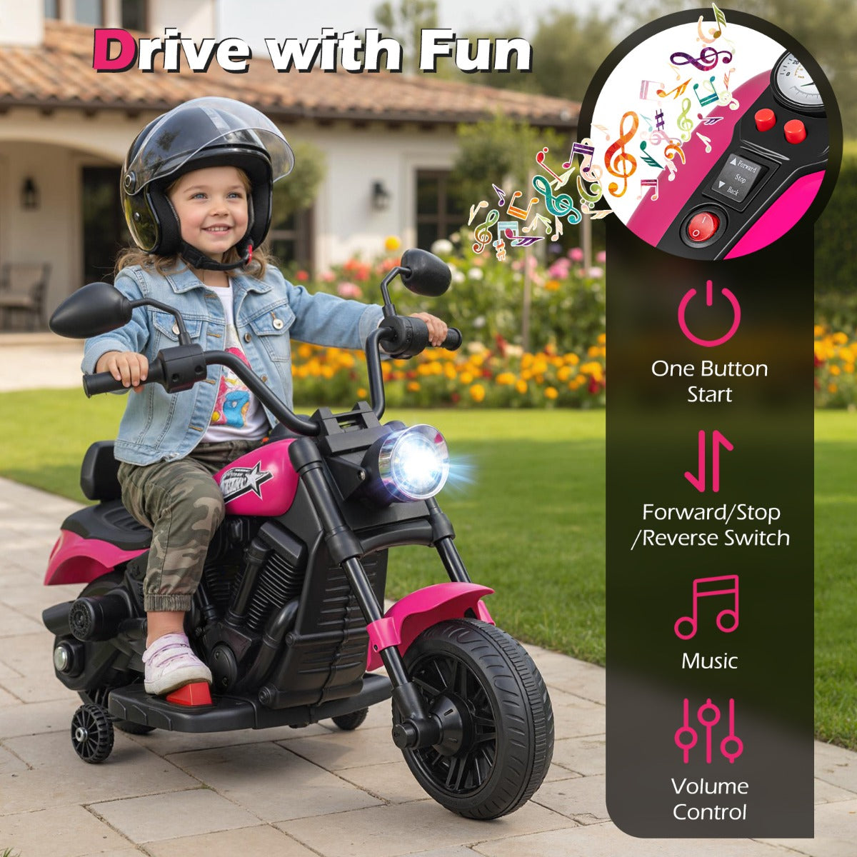 LIVSK Elektrische Kindermotorfiets - Eenvoudige Bediening - LED Koplampen - Duurzaam PP en Metaal - Wit/Roze/Marineblauw