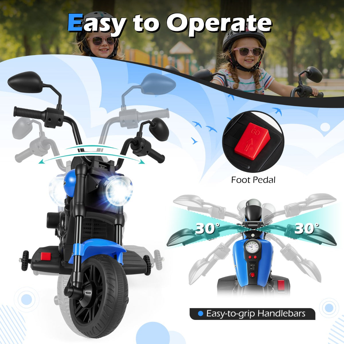 LIVSK Elektrische Kindermotorfiets - Eenvoudige Bediening - Stabiel Driehoekig Frame - Verstelbare Stuur - Wit/Roze/Marineblauw