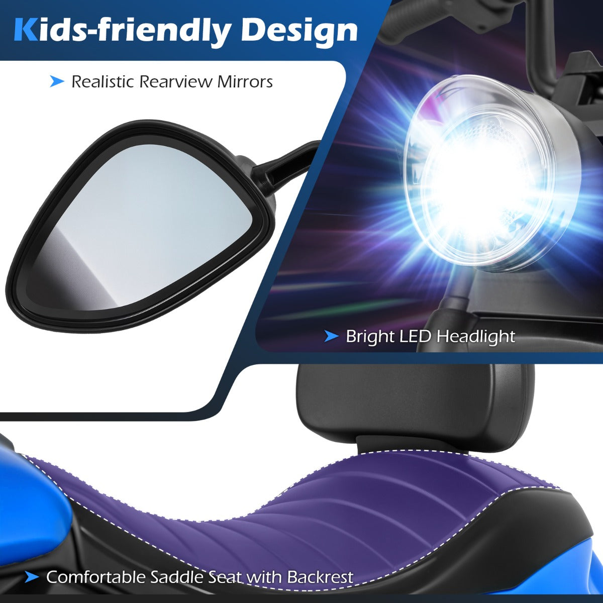 LIVSK Elektrische Kindermotorfiets - Eenvoudige Bediening - Stabiel Driehoekig Frame - Verstelbare Stuur - Wit/Roze/Marineblauw