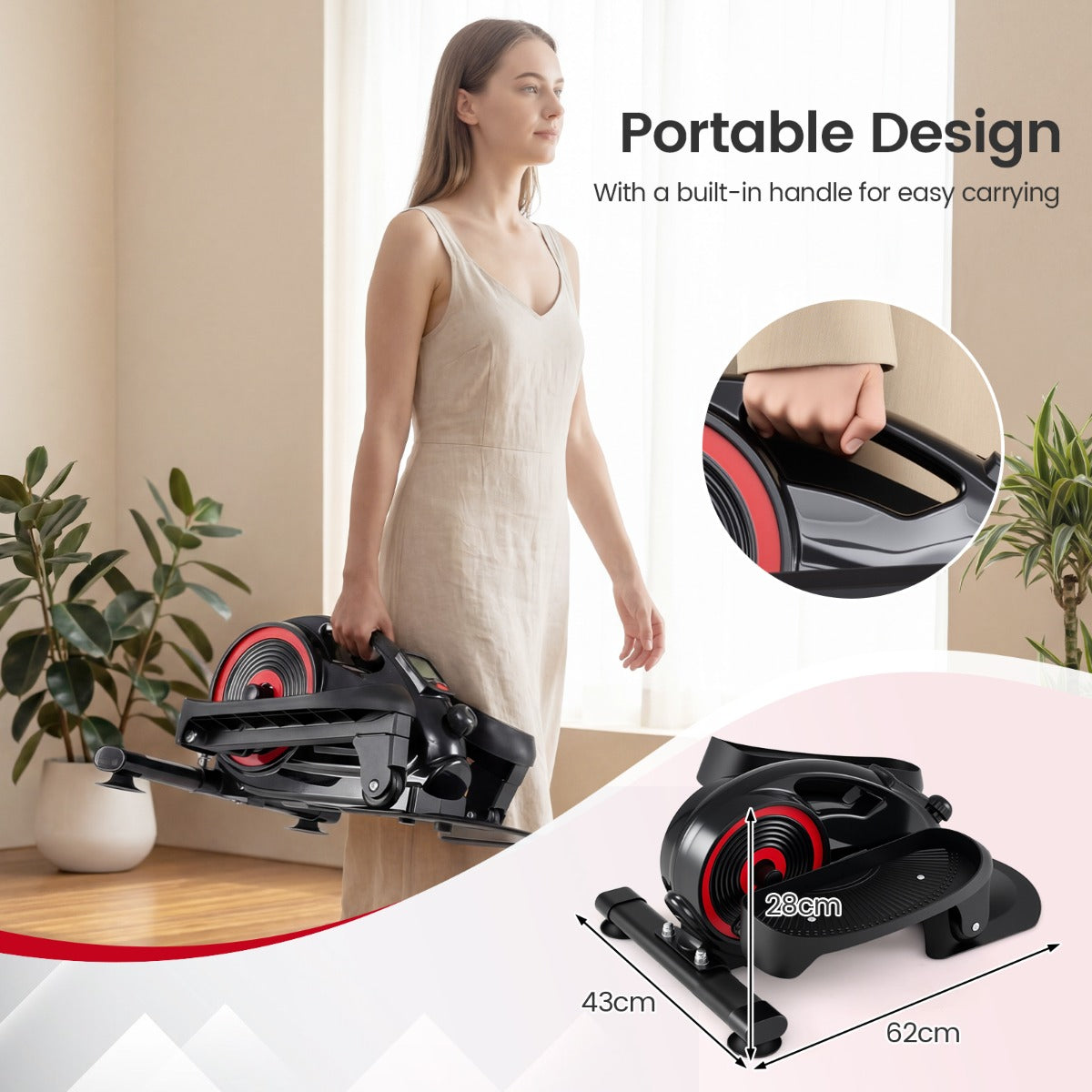 LIVSK Elliptische Trainer voor Onder het Bureau - Magnetische Weerstand - Ultrastil - Compact Ontwerp - Rood en Zwart