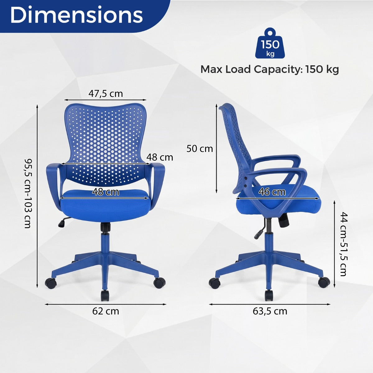 LIVSK Ergonomische Bureaustoel - Vlindervormige Rugleuning - Hoogte Verstelbaar - Zwenkwielen - Tot 150 kg - Zwart/Blauw/Rood