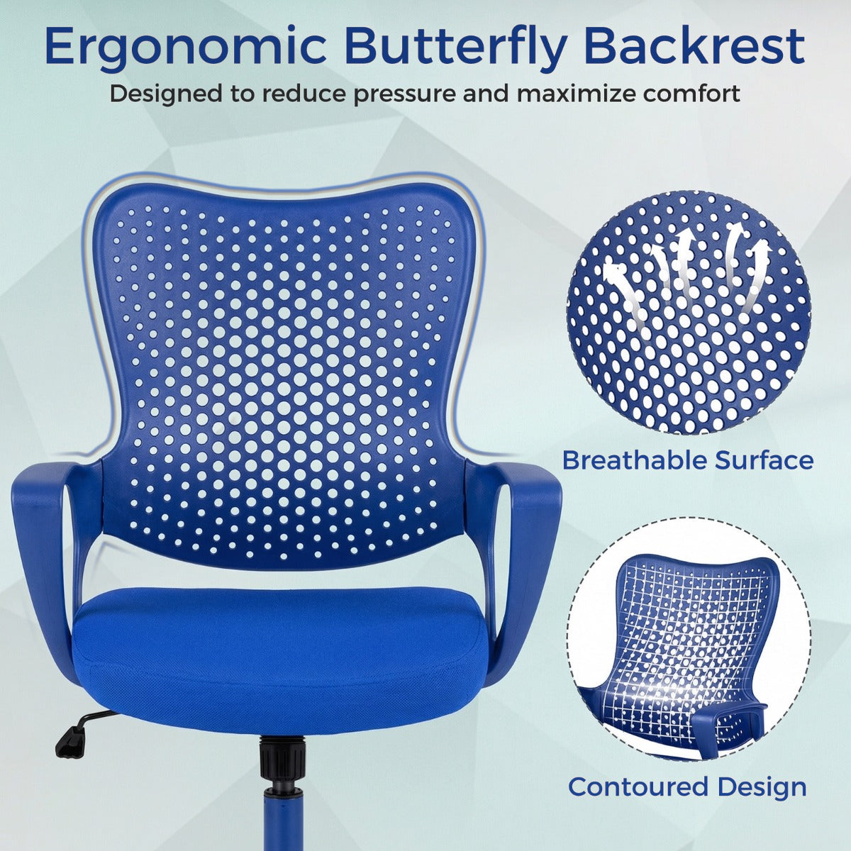 LIVSK Ergonomische Bureaustoel - Vlindervormige Rugleuning - Hoogte Verstelbaar - Zwenkwielen - Tot 150 kg - Zwart/Blauw/Rood