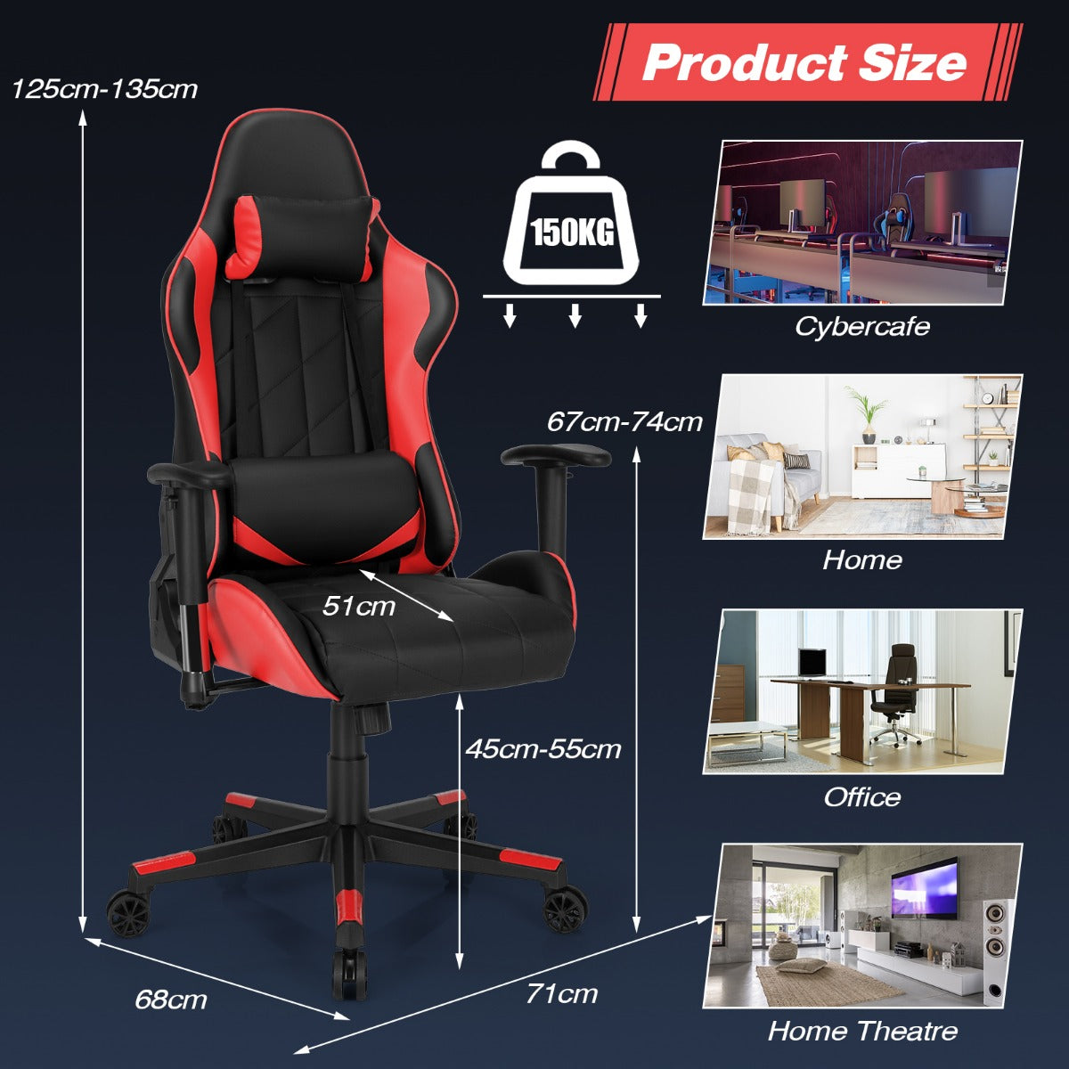 LIVSK Ergonomische Gamingstoel - Verstelbare Rugleuning 90˚-160˚ - 360˚ Draaibaar - 3D-armsteun - Rood & Zwart