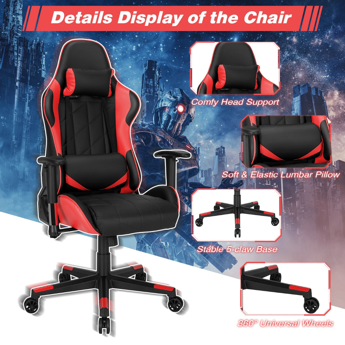 LIVSK Ergonomische Gamingstoel - Verstelbare Rugleuning 90˚-160˚ - 360˚ Draaibaar - 3D-armsteun - Rood & Zwart