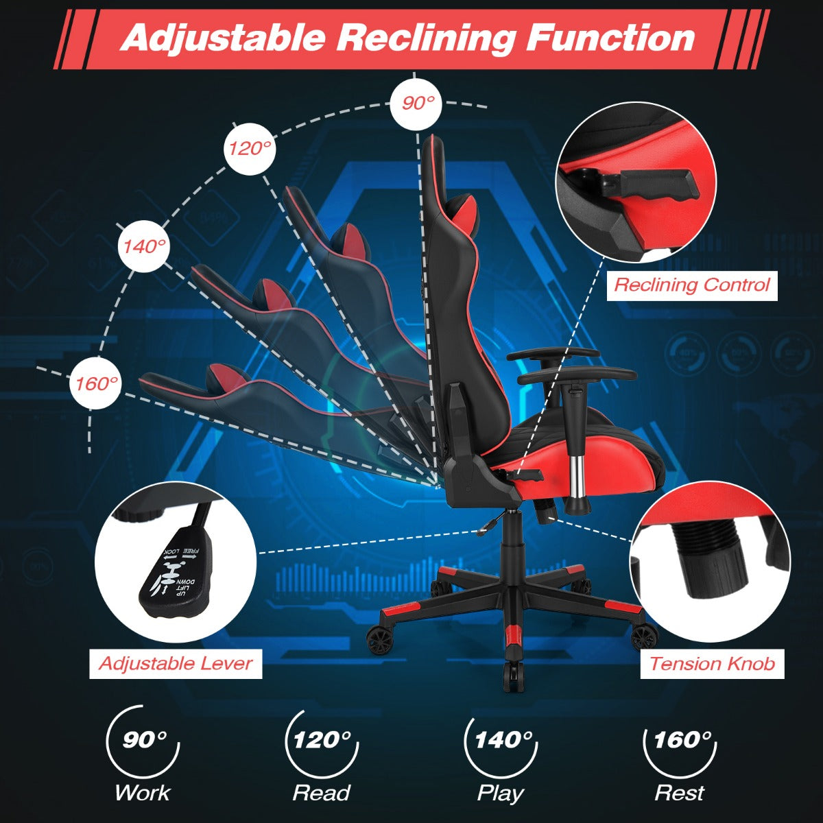 LIVSK Ergonomische Gamingstoel - Verstelbare Rugleuning 90˚-160˚ - 360˚ Draaibaar - 3D-armsteun - Rood & Zwart