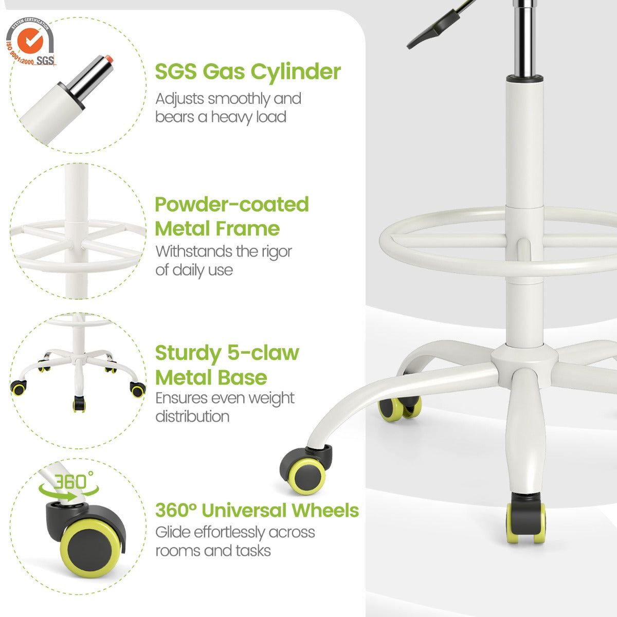 LIVSK Ergonomische Werkkruk met 360° Zwenkwielen - In Hoogte Verstelbaar 70-82 cm - Ademend Mesh - Lendensteun - Zwart