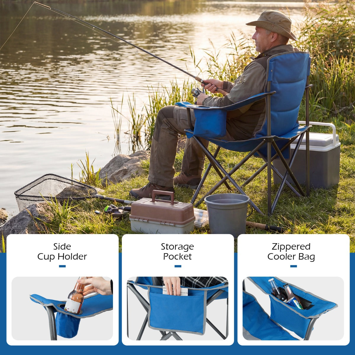 LIVSK Extra Grote Campingstoel - Draagbaar & Opvouwbaar - Gewatteerde Zitting - Koeltas & Bekerhouders - Marineblauw