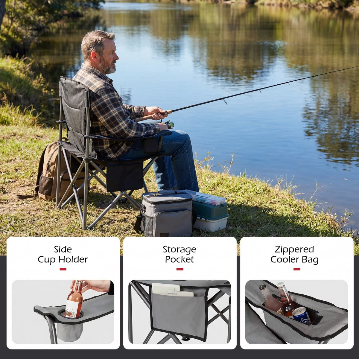 LIVSK Extra Grote Campingstoel - Gewatteerde Zitting - Ingebouwde Koeltas - Opvouwbaar - Draagvermogen 150 kg - Marineblauw
