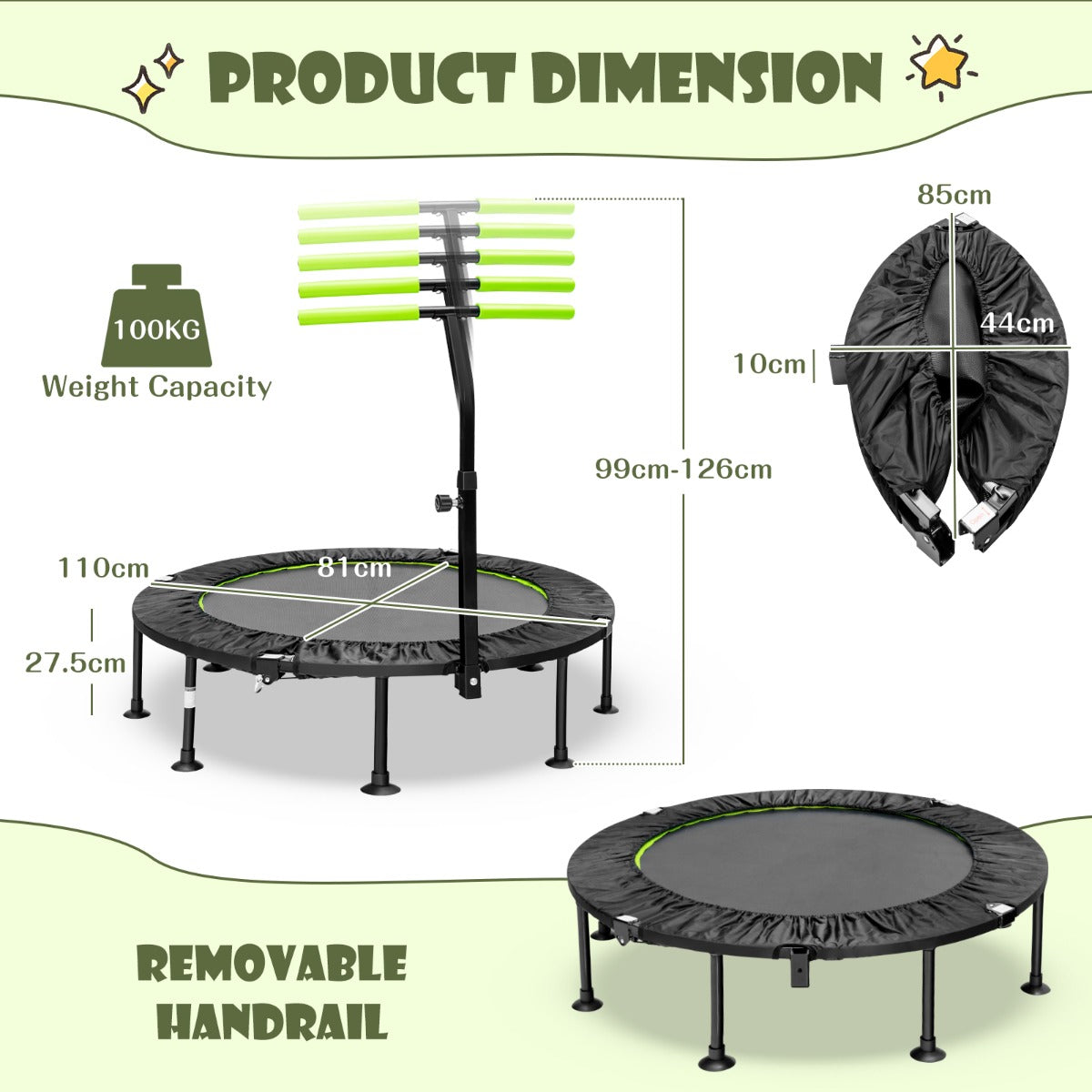 LIVSK Fitness Trampoline - Opvouwbaar met Verstelbare Handgreep - Geschikt voor Kinderen en Volwassenen - Tot 100 kg - Groen