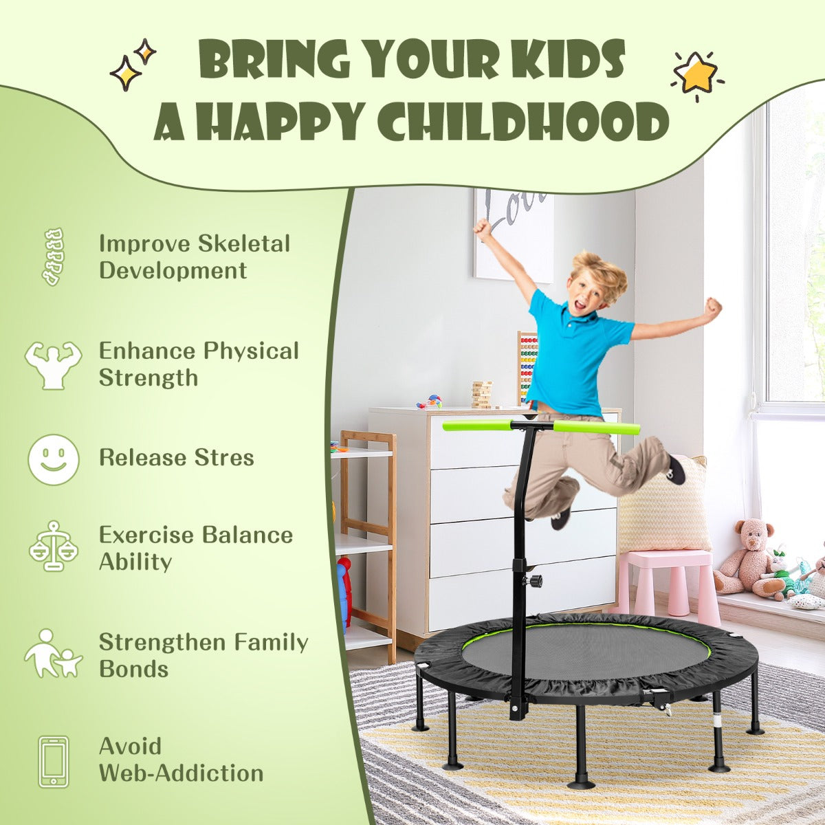 LIVSK Fitness Trampoline - Opvouwbaar met Verstelbare Handgreep - Geschikt voor Kinderen en Volwassenen - Tot 100 kg - Groen