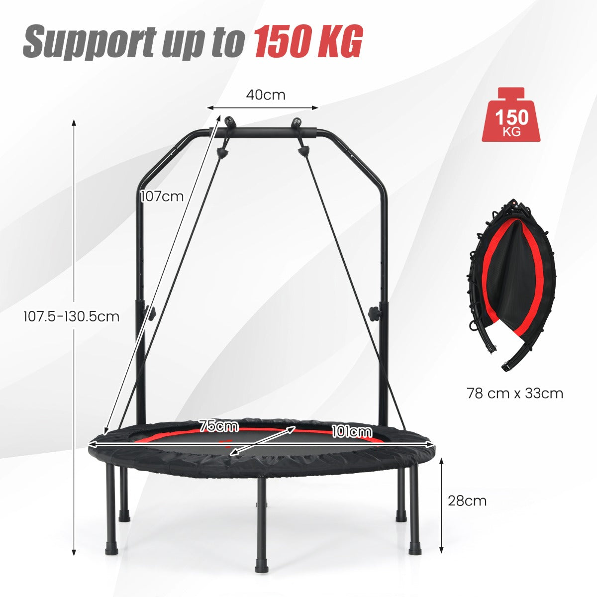 LIVSK Fitness-Trampoline - Opvouwbaar met Verstelbare Handgreep - Inclusief 2 Weerstandsbanden - Draagvermogen 150 kg - Rood