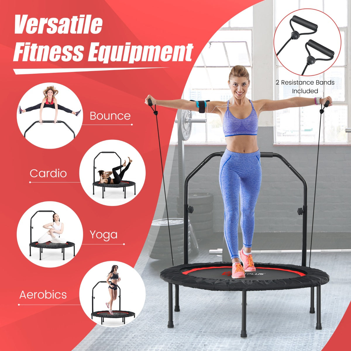 LIVSK Fitness-Trampoline - Opvouwbaar met Verstelbare Handgreep - Inclusief 2 Weerstandsbanden - Draagvermogen 150 kg - Rood