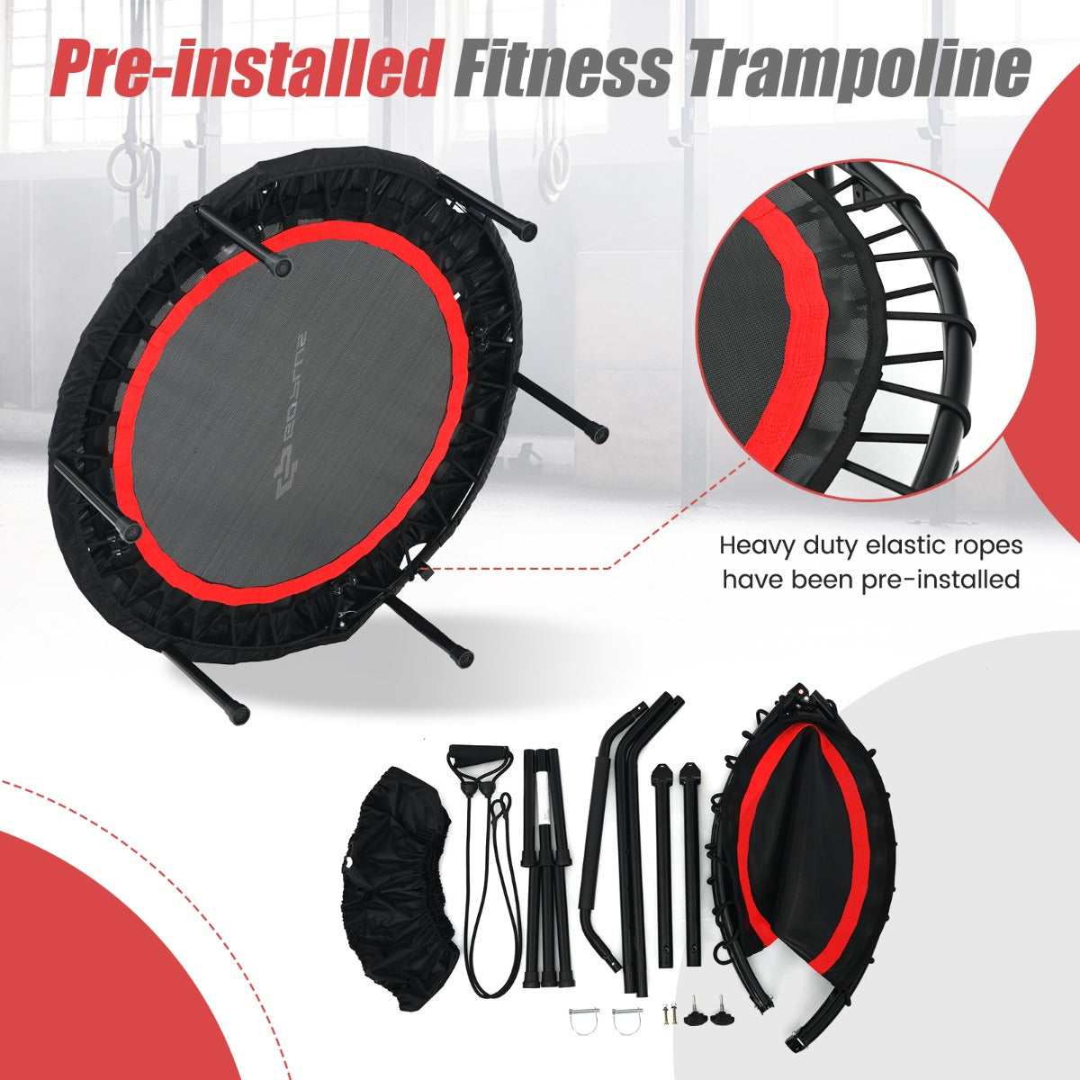 LIVSK Fitness-Trampoline - Opvouwbaar met Verstelbare Handgreep - Inclusief 2 Weerstandsbanden - Draagvermogen 150 kg - Rood