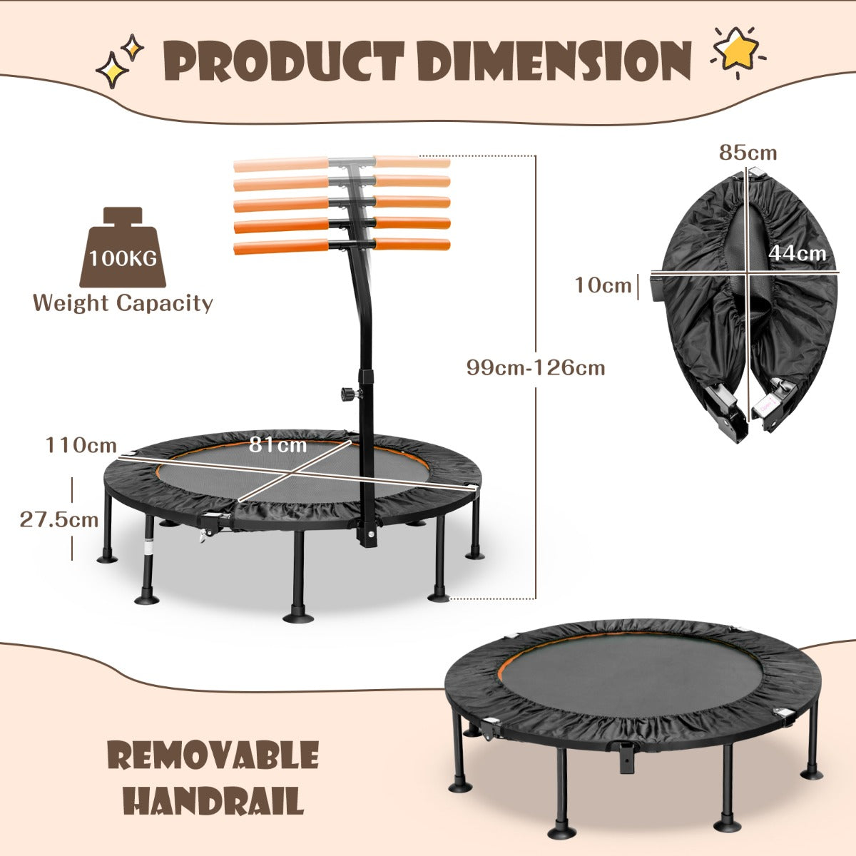 LIVSK Fitness Trampoline - Verstelbare Handgreep - Opvouwbaar & Draagbaar - Duurzaam met PVC Beschermhoes - Tot 100 kg - Oranje