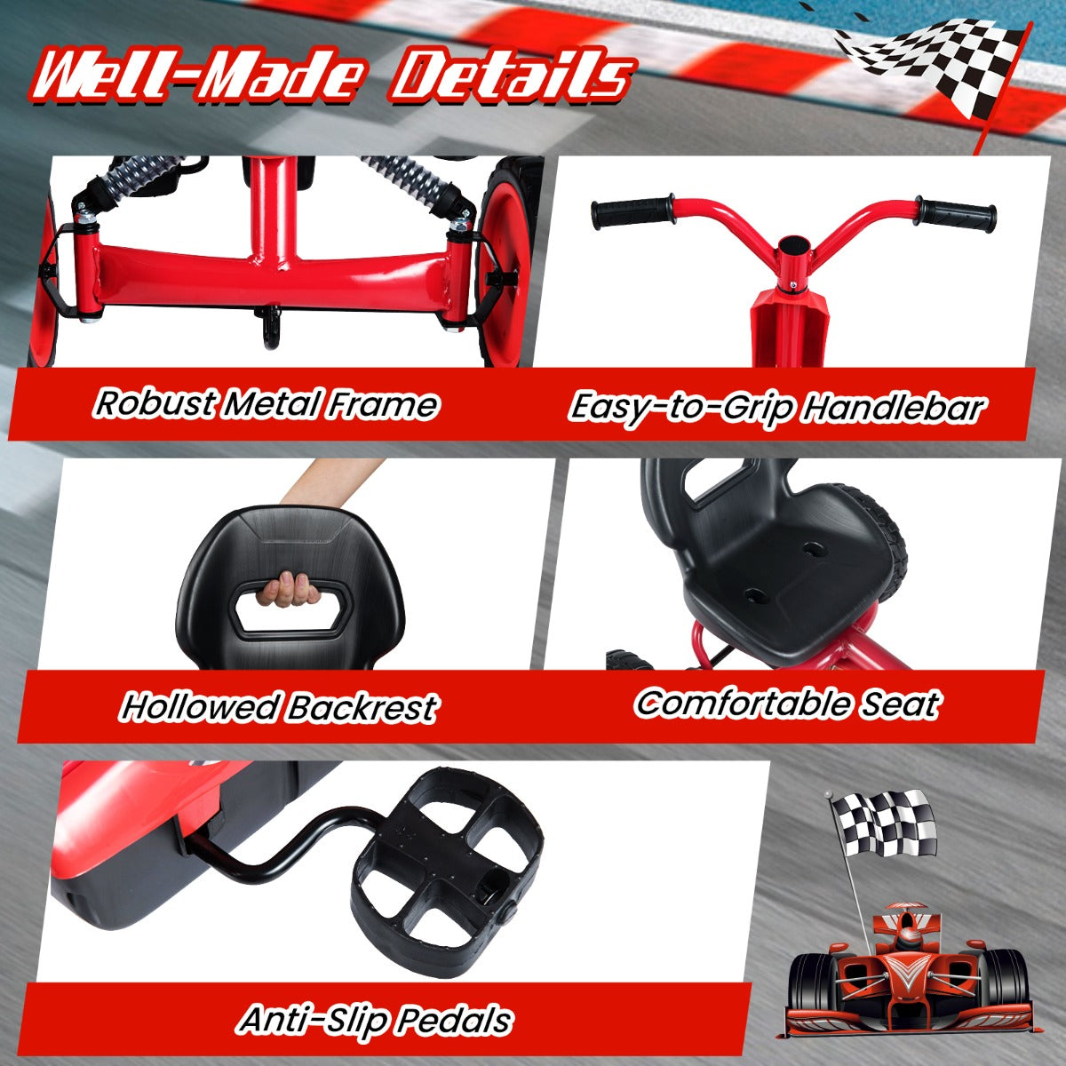 LIVSK Flexibele Gokart - Verstelbare Stoel - Robuust Metalen Frame - Pedaalaandrijving - Voor Kinderen 3-8 Jaar - Zwart/Rood