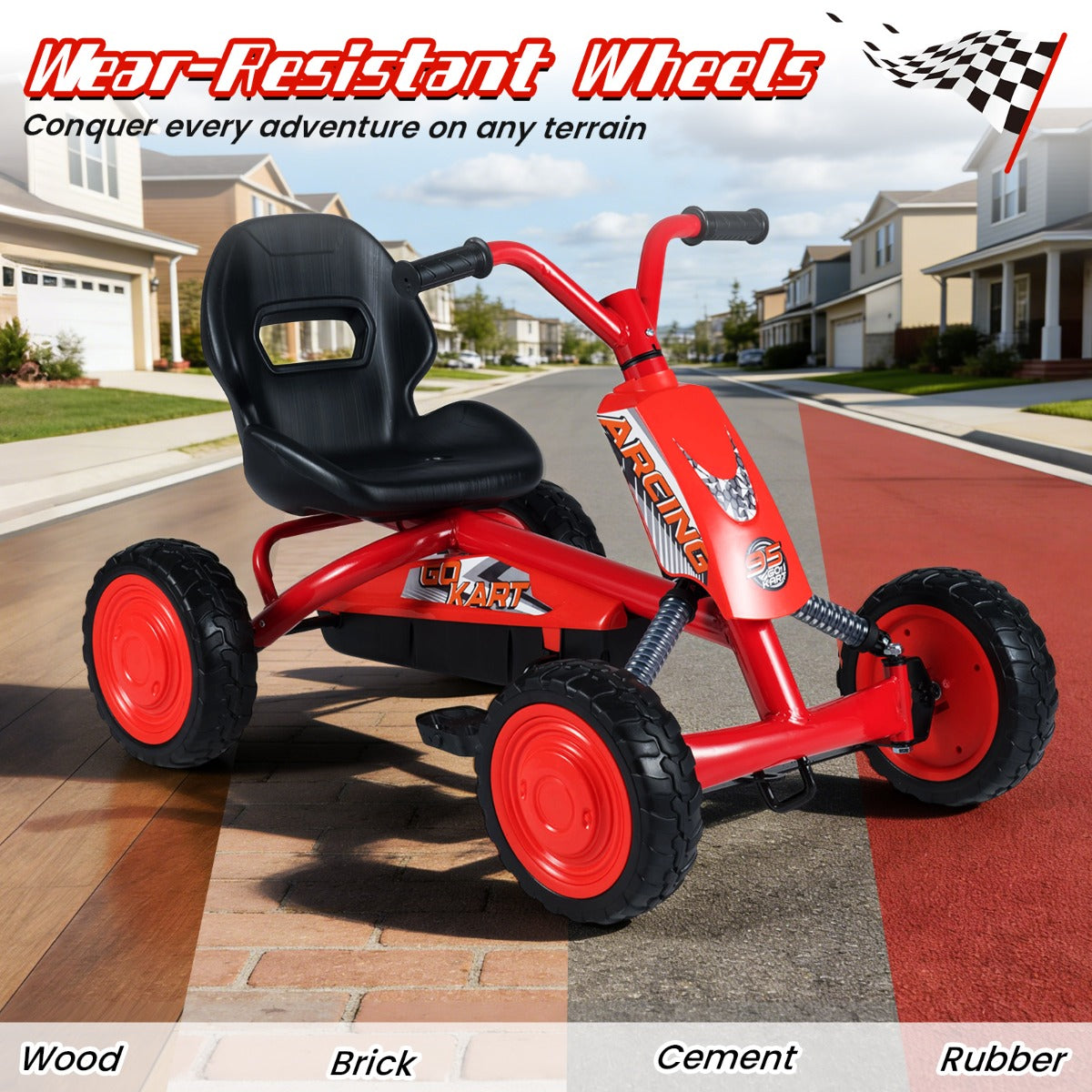 LIVSK Flexibele Gokart - Verstelbare Stoel - Robuust Metalen Frame - Pedaalaandrijving - Voor Kinderen 3-8 Jaar - Zwart/Rood