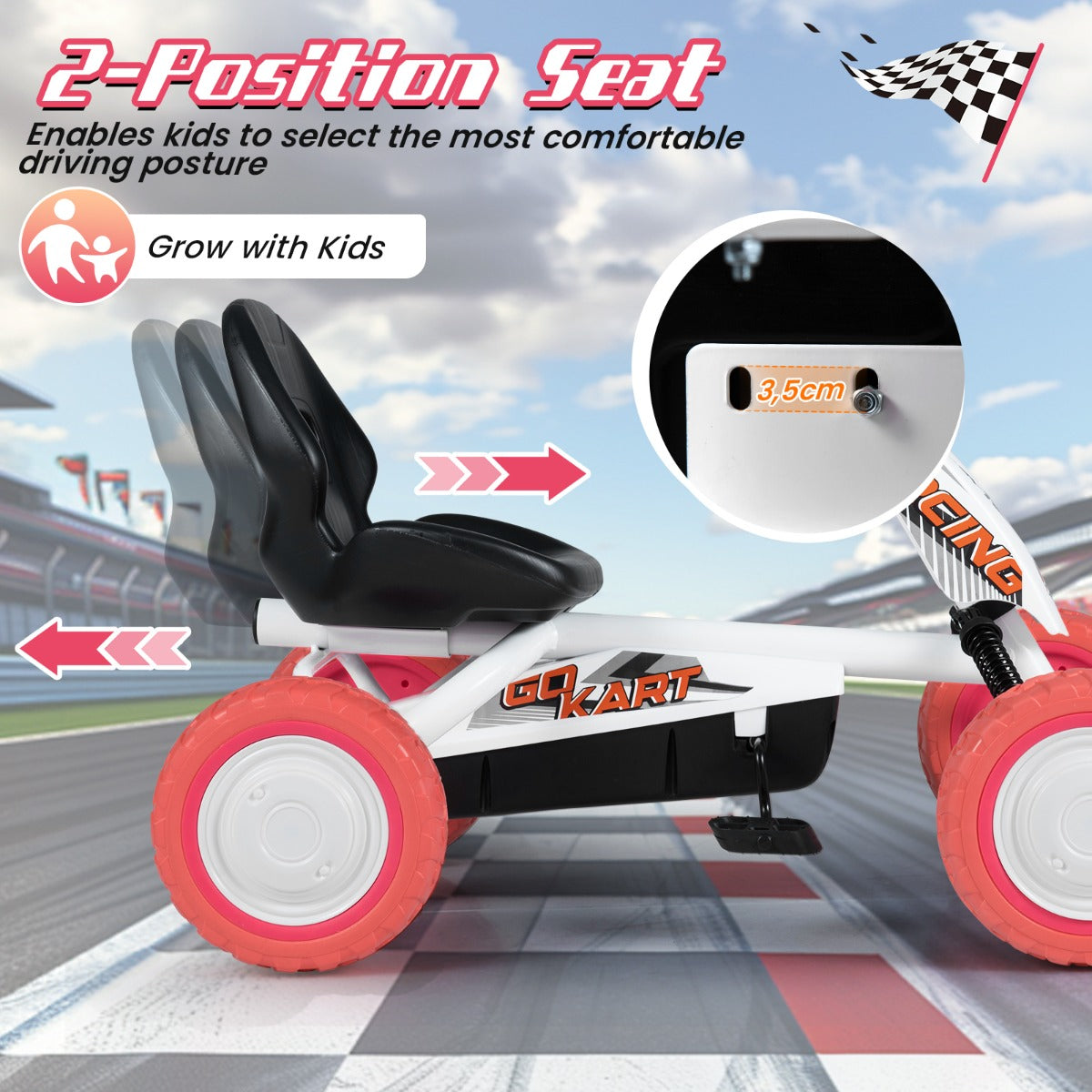 LIVSK Flexibele Gokart - Verstelbare Stoel - Vooruit- en Achteruitversnelling - Robuust Metaal - Geschikt voor 3-8 jaar -