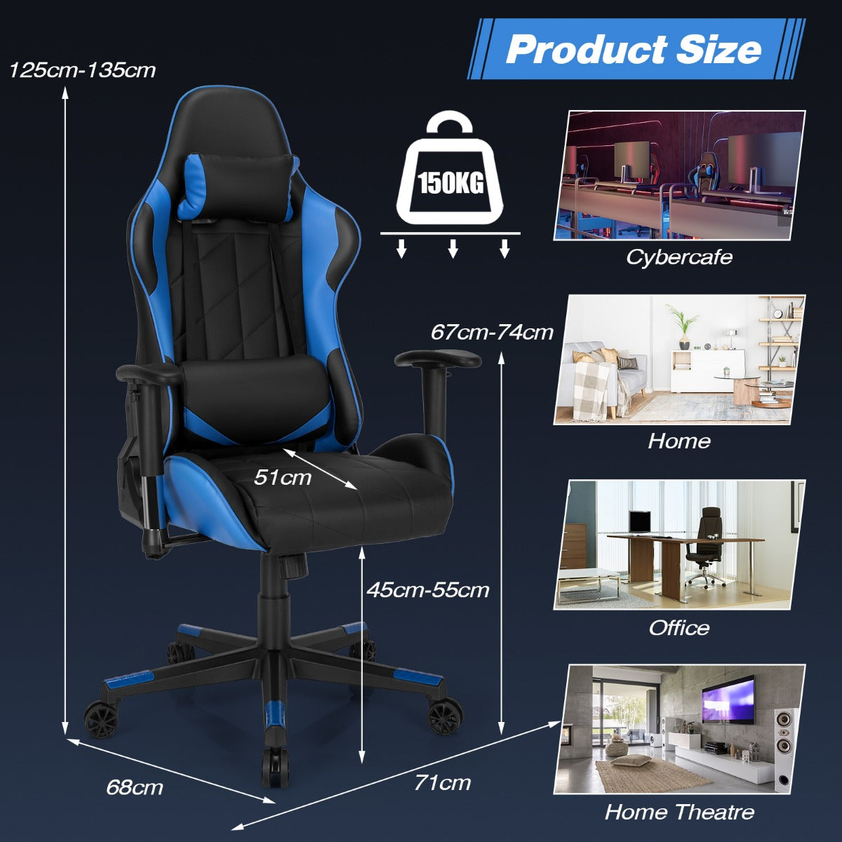 LIVSK Gamingstoel - Verstelbare Rugleuning 90°-160° - Ergonomisch met Hoofdsteun en Lendenkussen - 71 x 73 x 125-135 cm -