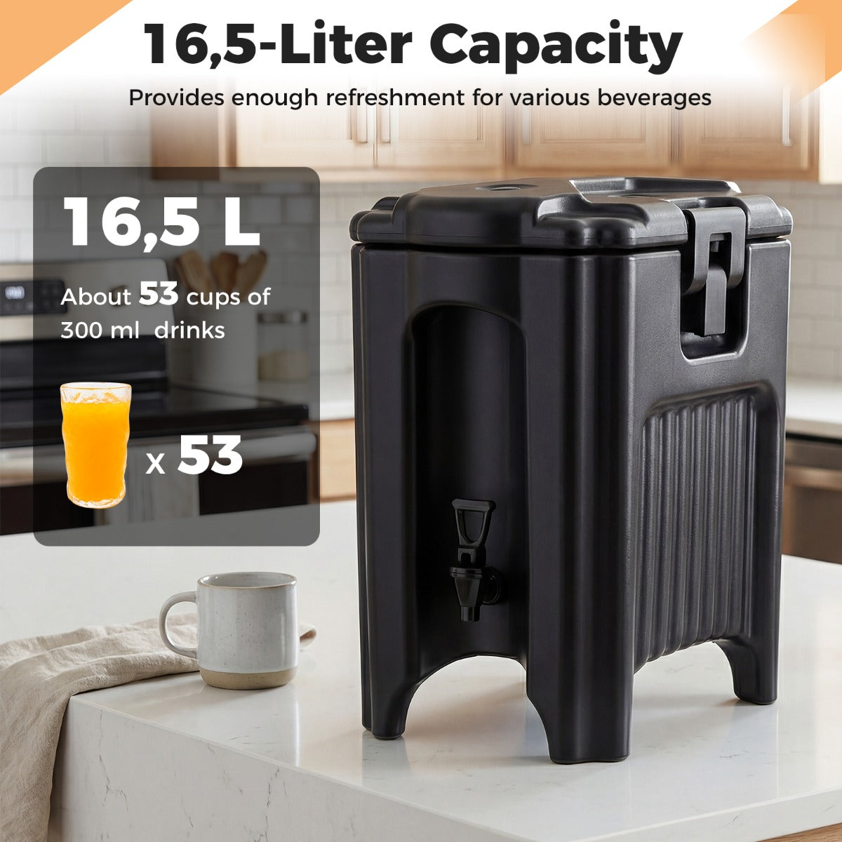 LIVSK Geïsoleerde Drankdispenser - 3-Laagse Isolatie - Druppel- en Lekvrij - Capaciteit 16,5 Liter - Zwart