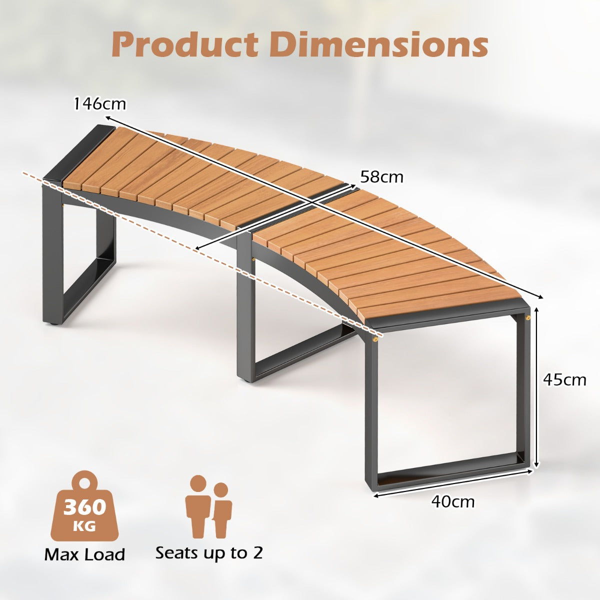 LIVSK Gebogen Tuinbank - Duurzaam Acaciahout - Robuust Metalen Frame - Voor 2 Personen - Draagvermogen 360 kg - Geel/Zwart