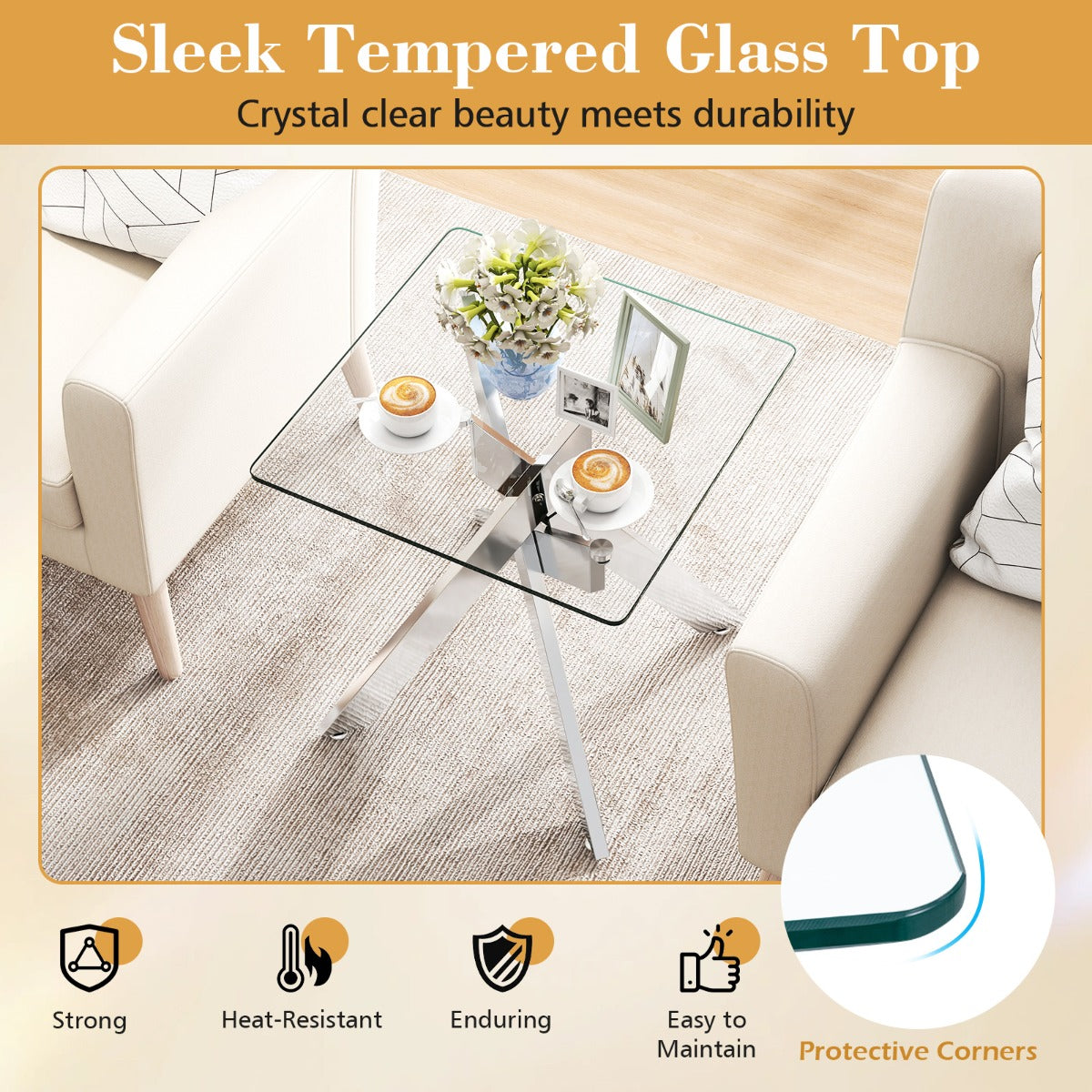 LIVSK Glazen Bijzettafel - Gehard Glazen Blad - X-Metalen Onderstel - Moderne Stijl - Transparant