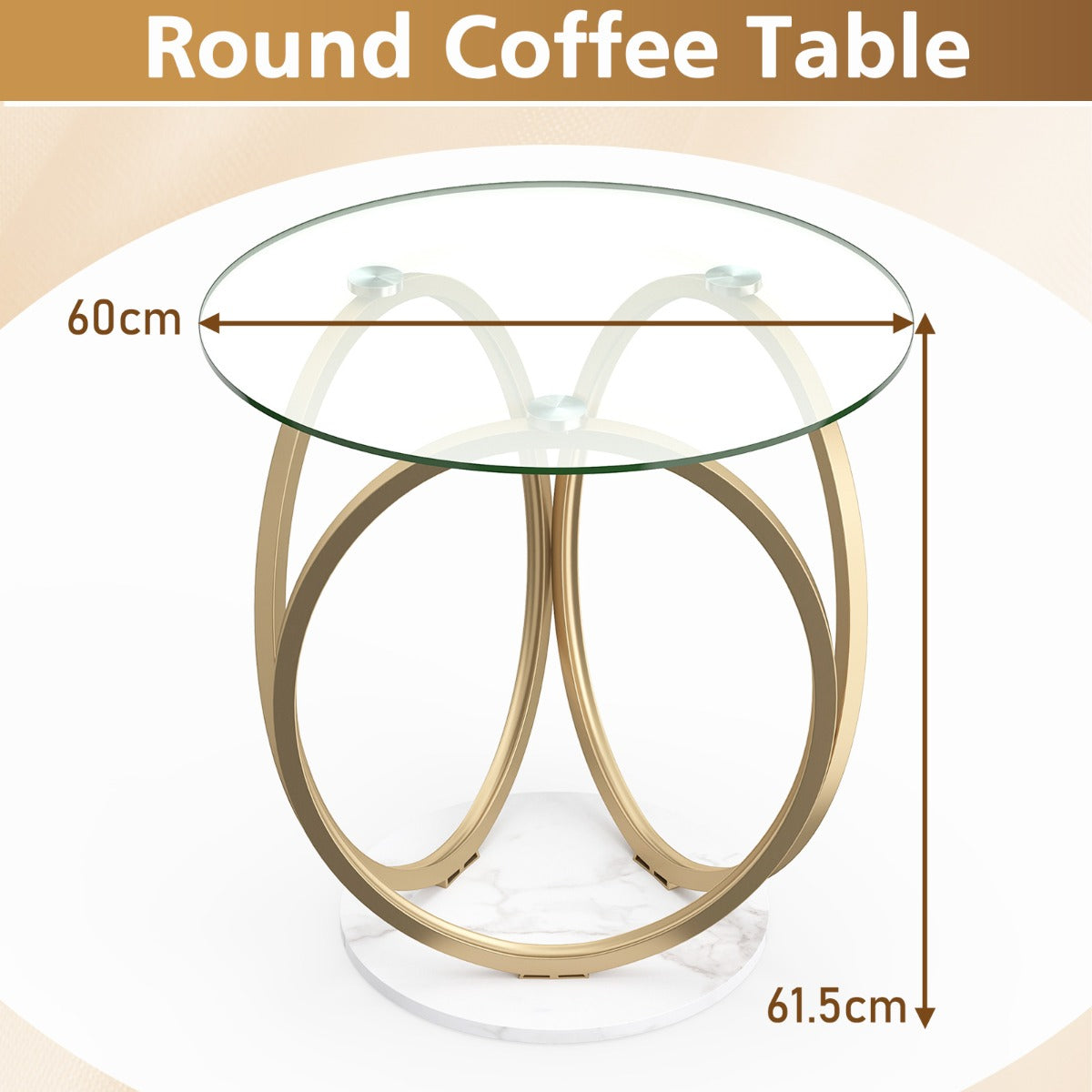 LIVSK Glazen Salontafel - Hoogwaardig Gehard Glas - Goudkleurig Metalen Ringframe - Groot Opbergoppervlak - Transparant & Goud