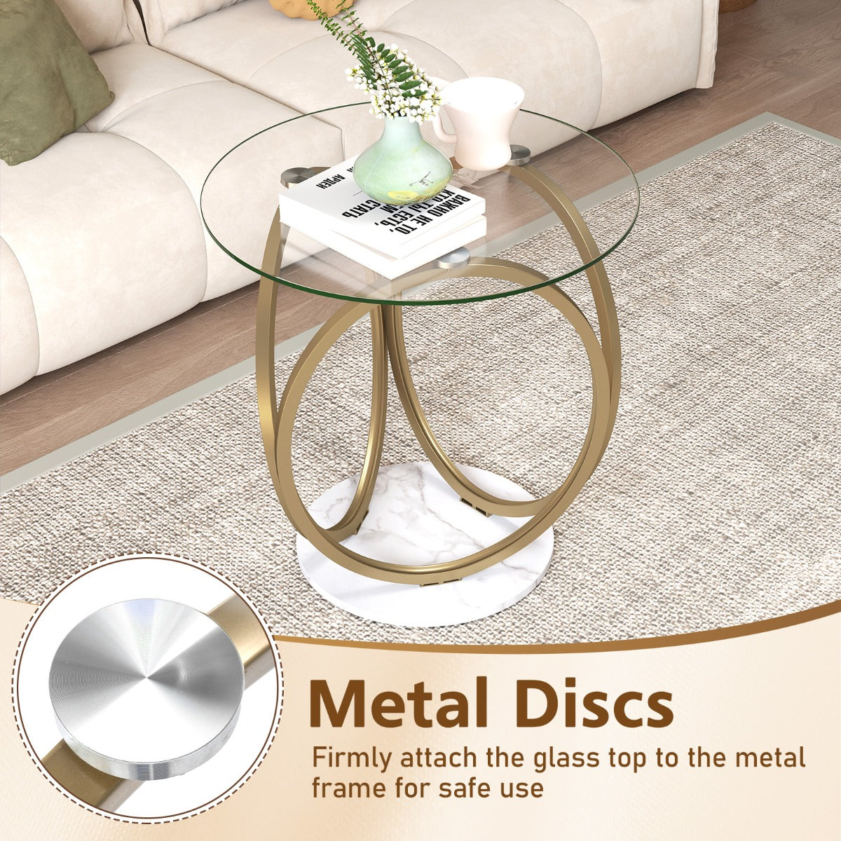 LIVSK Glazen Salontafel - Hoogwaardig Gehard Glas - Goudkleurig Metalen Ringframe - Groot Opbergoppervlak - Transparant & Goud