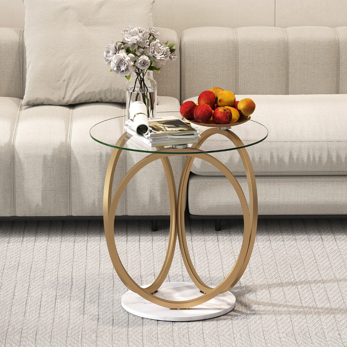 LIVSK Glazen Salontafel - Hoogwaardig Gehard Glas - Goudkleurig Metalen Ringframe - Groot Opbergoppervlak - Transparant & Goud