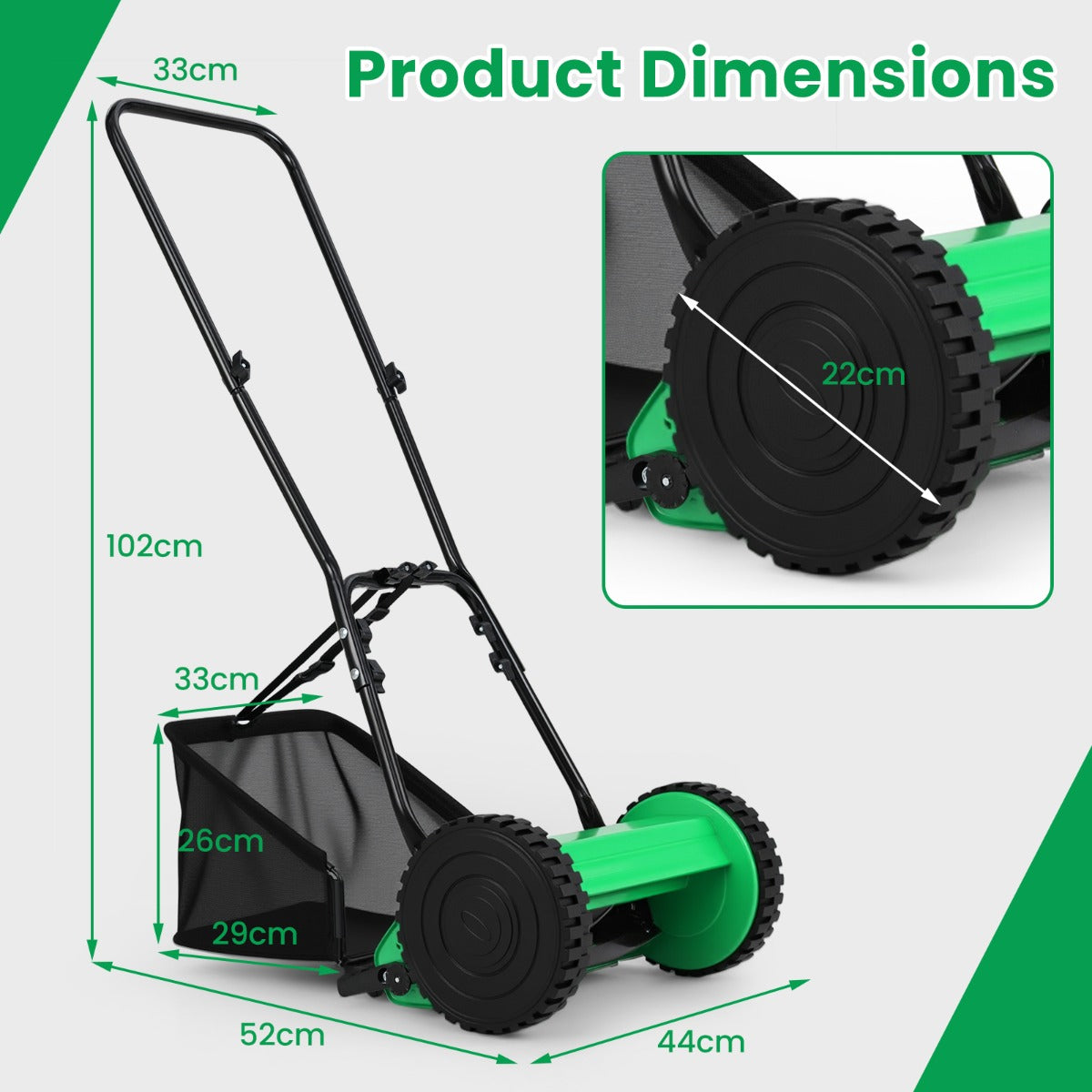 LIVSK Grasmaaier - Maaibreedte 30 cm - 18,5 L Opvangbak - Instelbare Maaihoogte 15-40 mm - Lichtgewicht - Groen