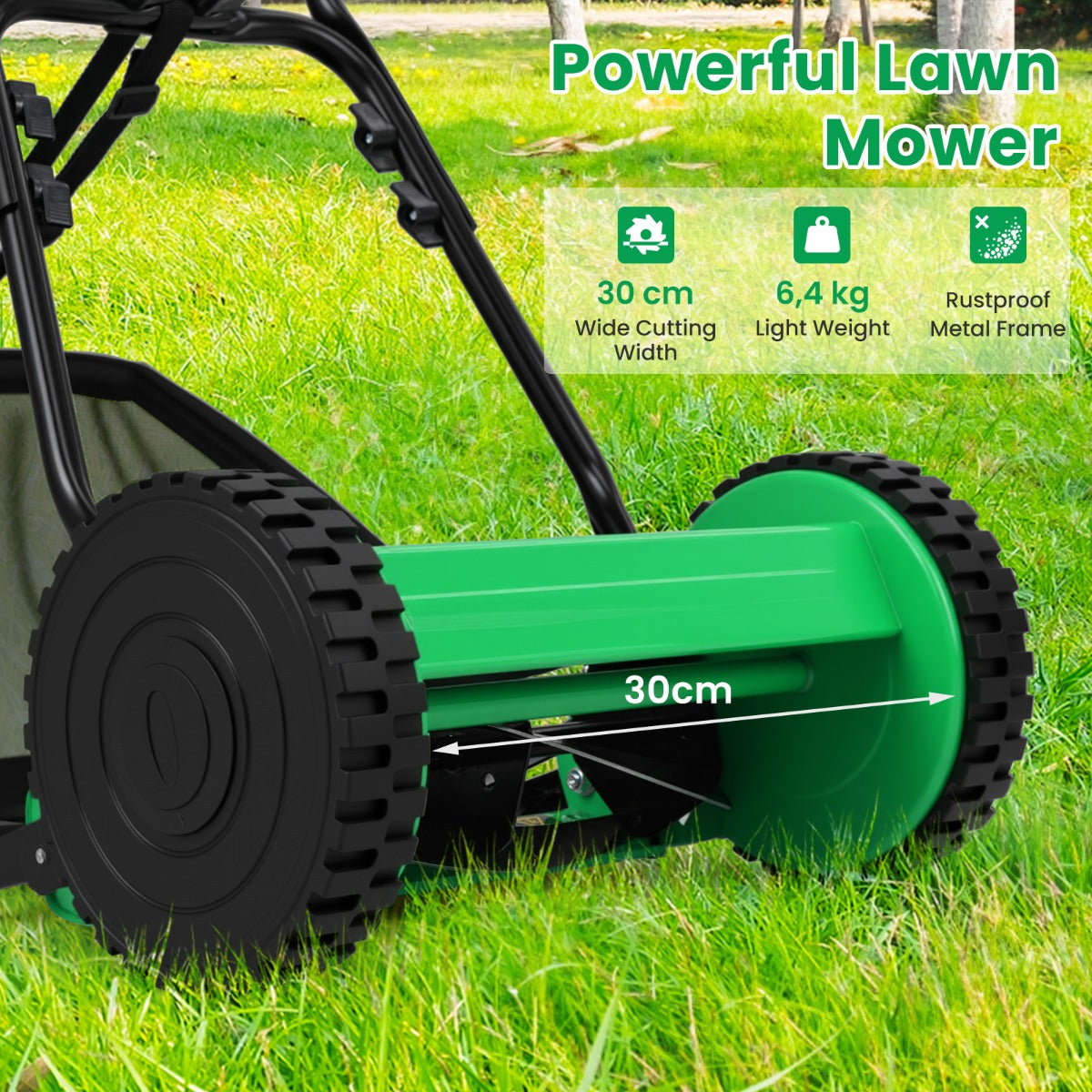 LIVSK Grasmaaier - Maaibreedte 30 cm - 18,5 L Opvangbak - Instelbare Maaihoogte 15-40 mm - Lichtgewicht - Groen