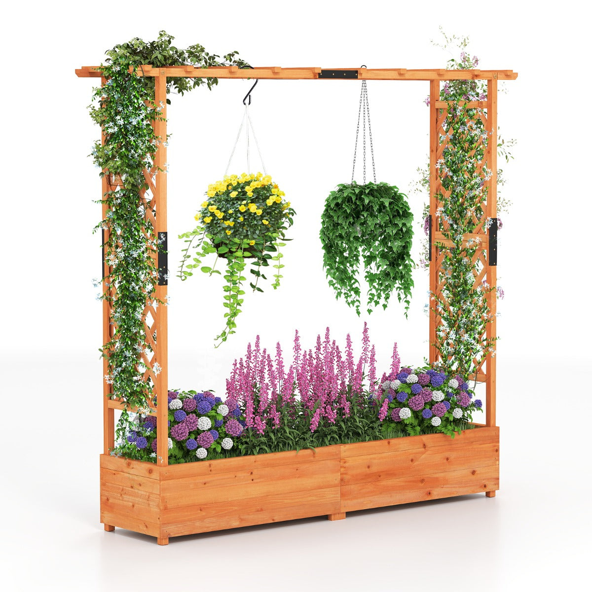 LIVSK Grote Plantenbak met Klimrek - Natuurlijk Dennenhout - 2 Ruime Compartimenten - Efficiënt Drainsysteem - Oranje