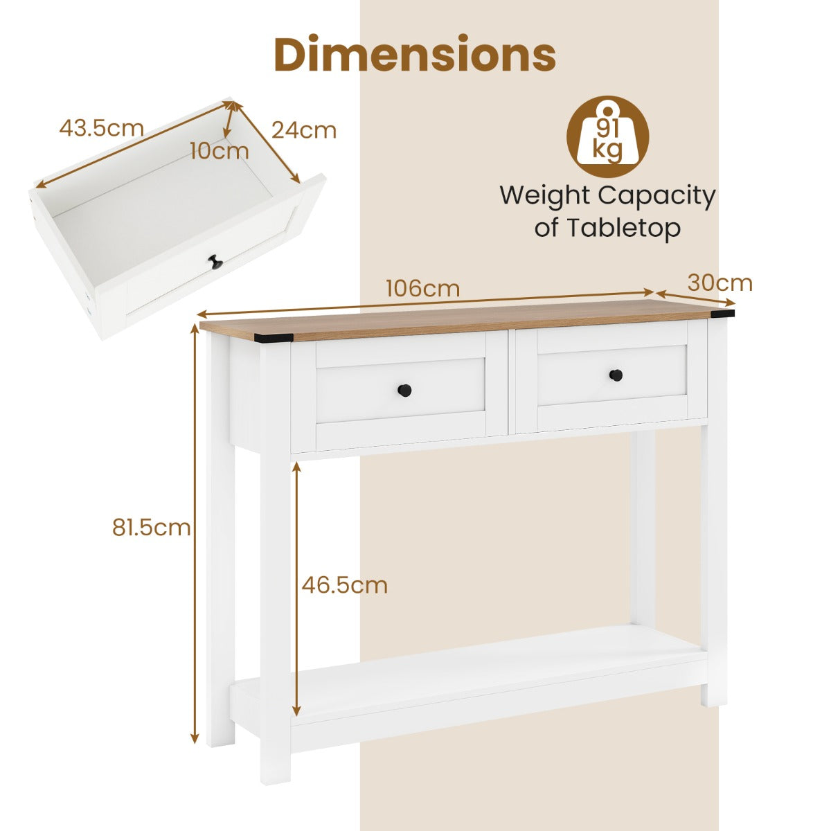 LIVSK Haltafel - Grote Tafelblad - 2 Lades - Anti-kantelvoorzieningen - Multifunctioneel - Wit en Naturel