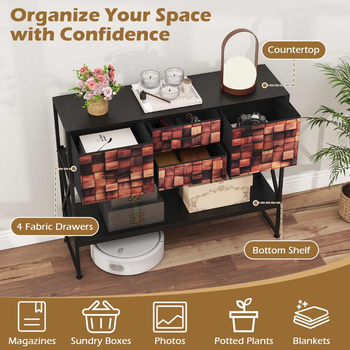 LIVSK Haltafel - Modern Design - 4 Stoffen Lades - Verstelbare Voetkussentjes - Stabiel Metaal - Koffie & Zwart