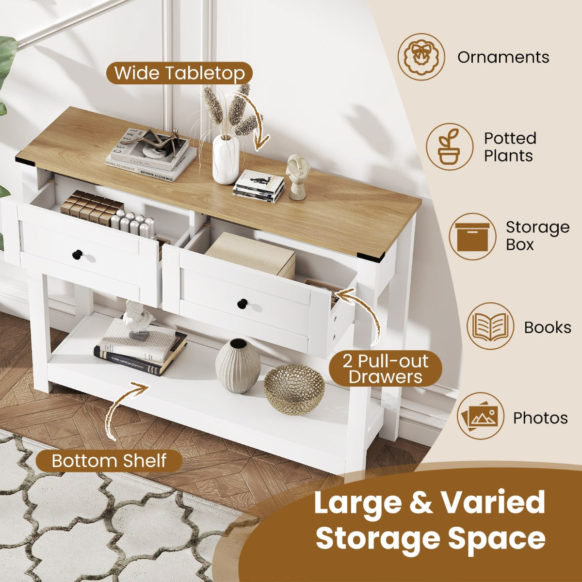 LIVSK Haltafel - Stijlvol en Praktisch - 2 Lades en Open Plank - Robuust en Stabiliteit - Wit en Naturel