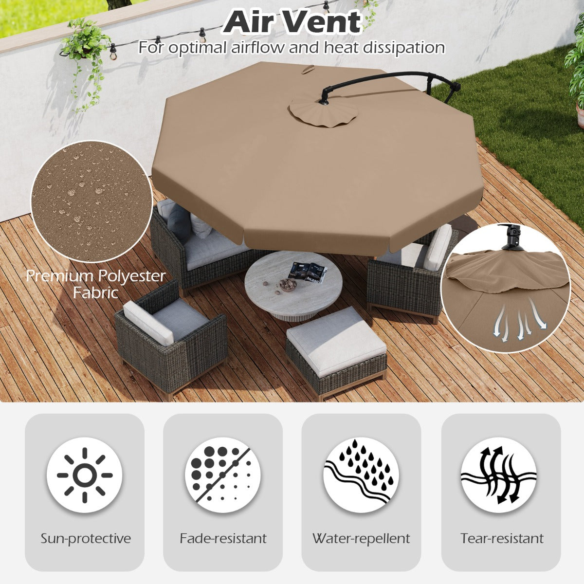 LIVSK Hangparasol 305 cm - Hoogwaardig Polyester - Verstelbare Kantelhoek - Inclusief Beschermhoes - Beige/Grijs