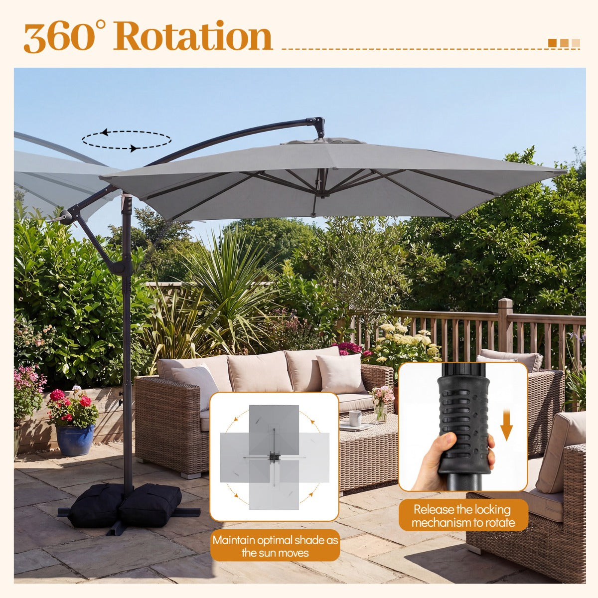 LIVSK Hangparasol - 360° Draaibaar - Gebruiksvriendelijk Slingermechanisme - Robuust Metaal - 250 x 250 cm - Grijs