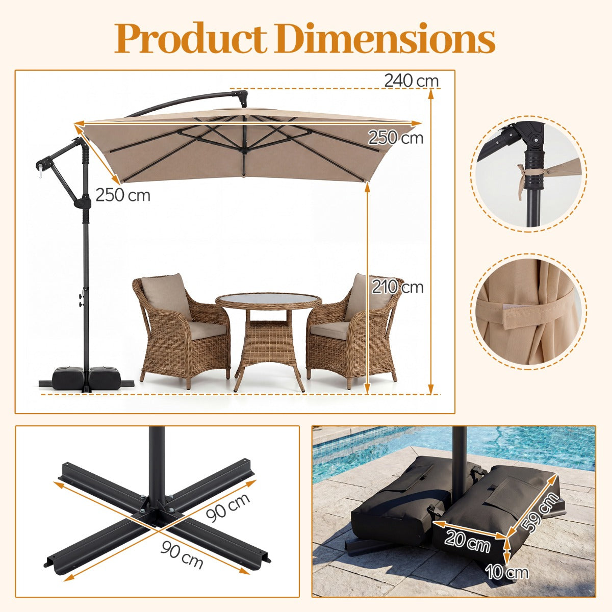 LIVSK Hangparasol - 360° Draaibaar - Scheurvast Polyester - Robuust Metaal - Ideaal voor Tuin en Terras - Beige/Bruin