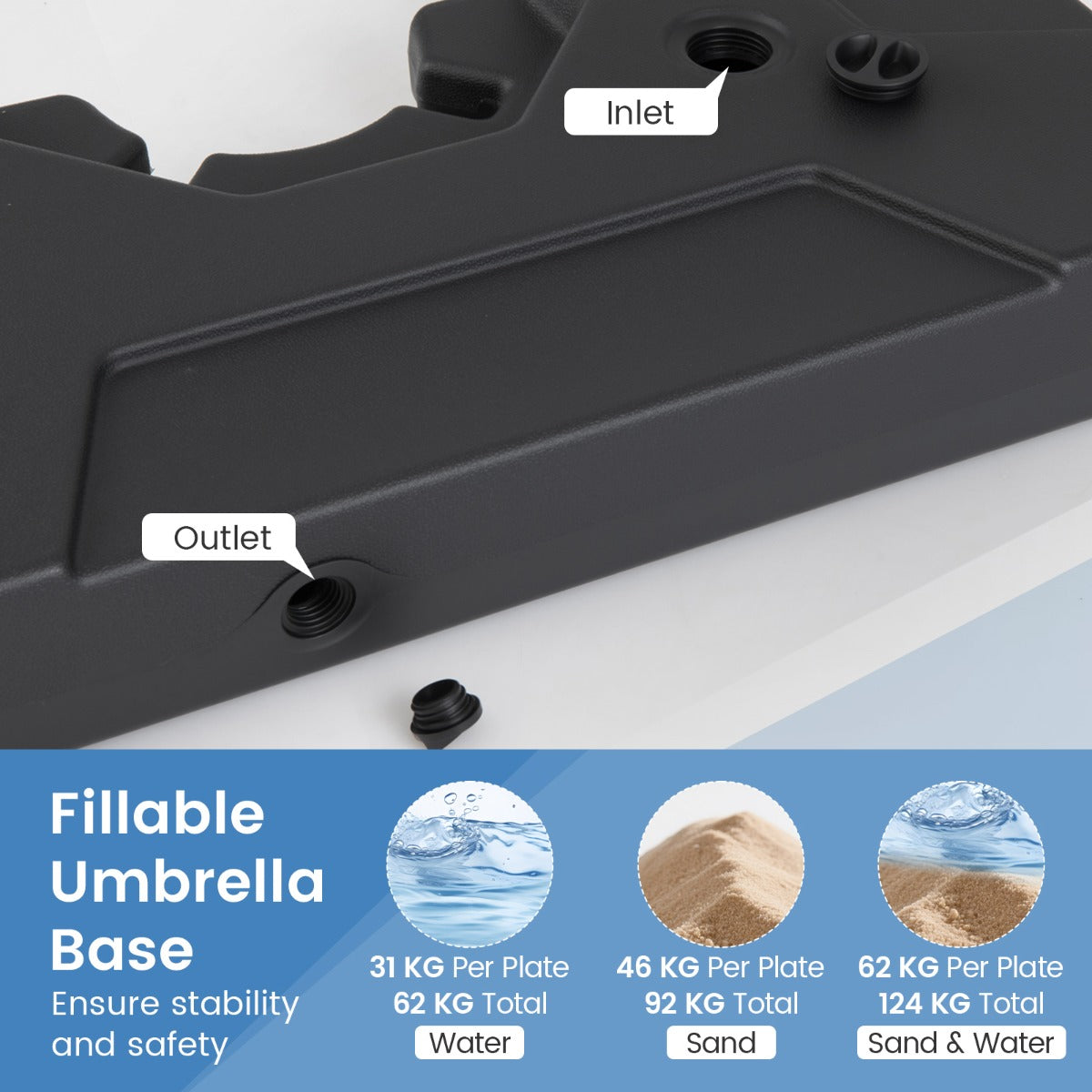 LIVSK Hervulbare Parasolvoet - HDPE Materiaal - 124 kg Vulcapaciteit - Eenvoudig Vullen en Legen - Zwart